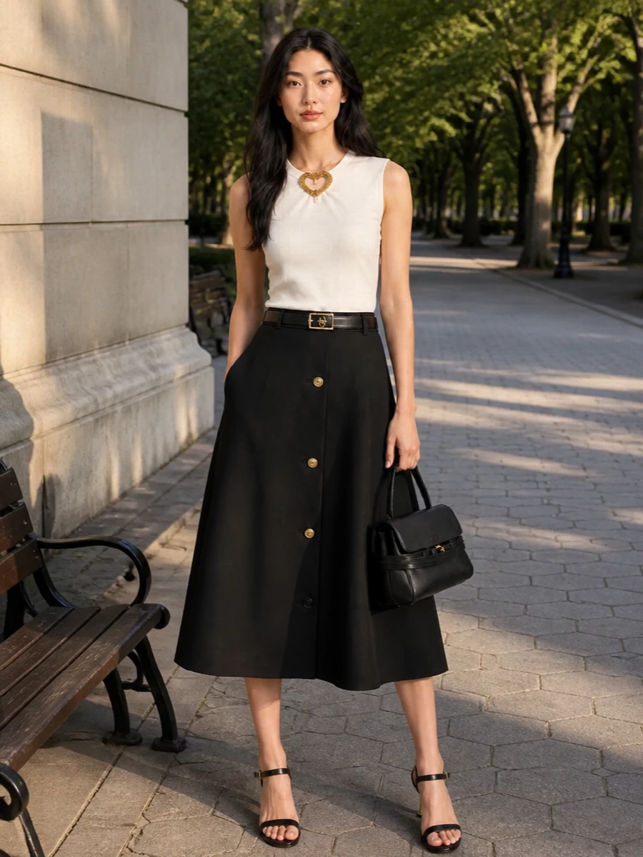Moschino midi skirt ivory top heel outfit