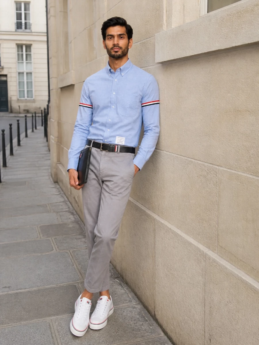 Thom browne oxford shirt cropped trousers outfit