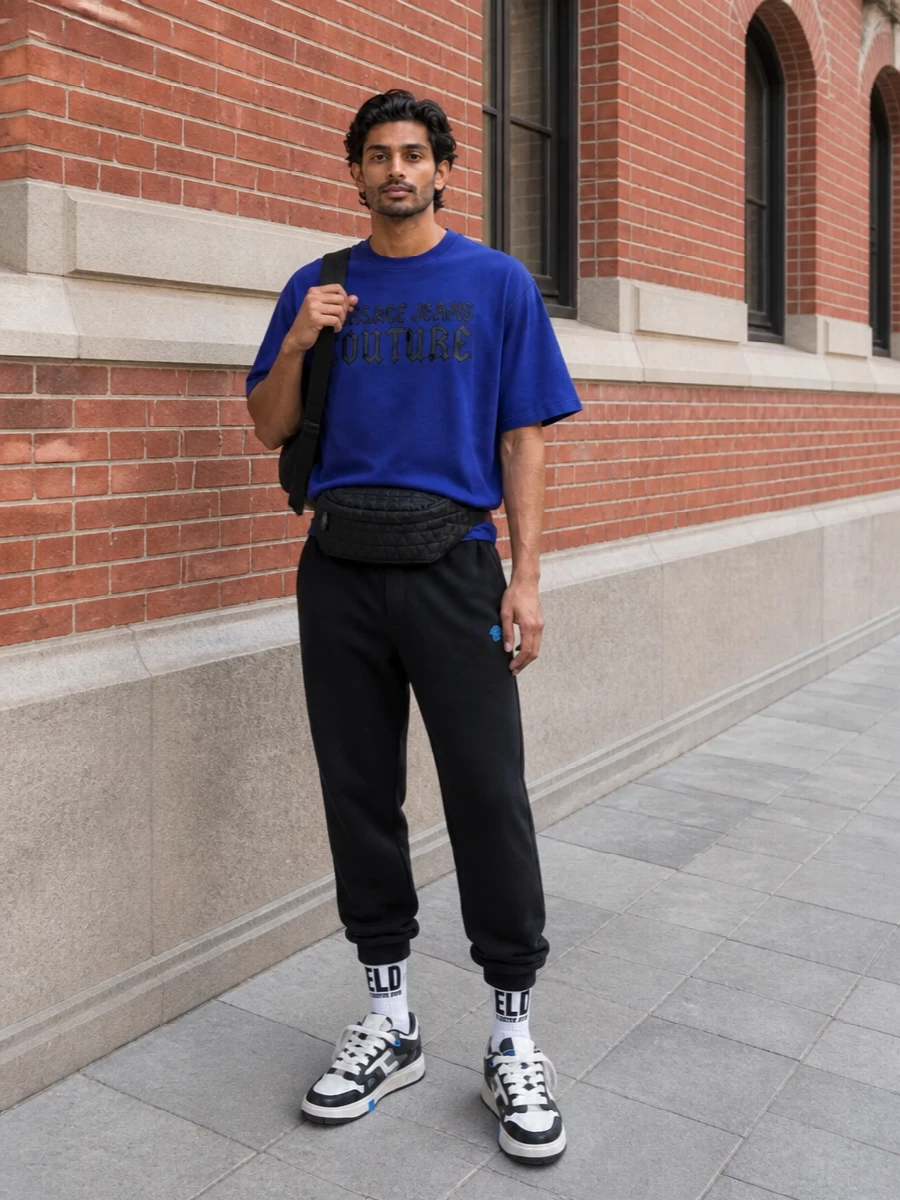 Versace cobalt logo t shirt outfit joggers