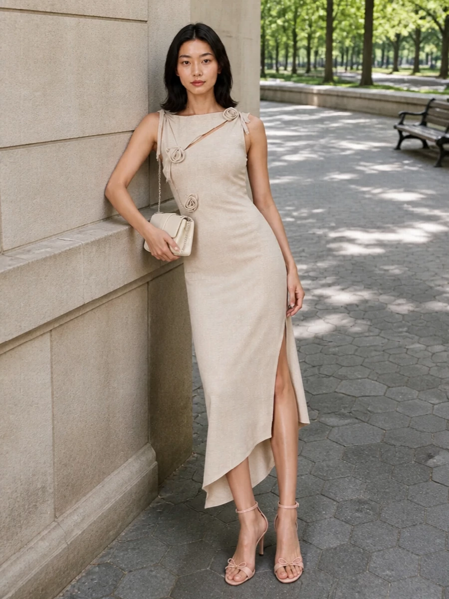 Coperni beige asymmetric maxi dress outfit