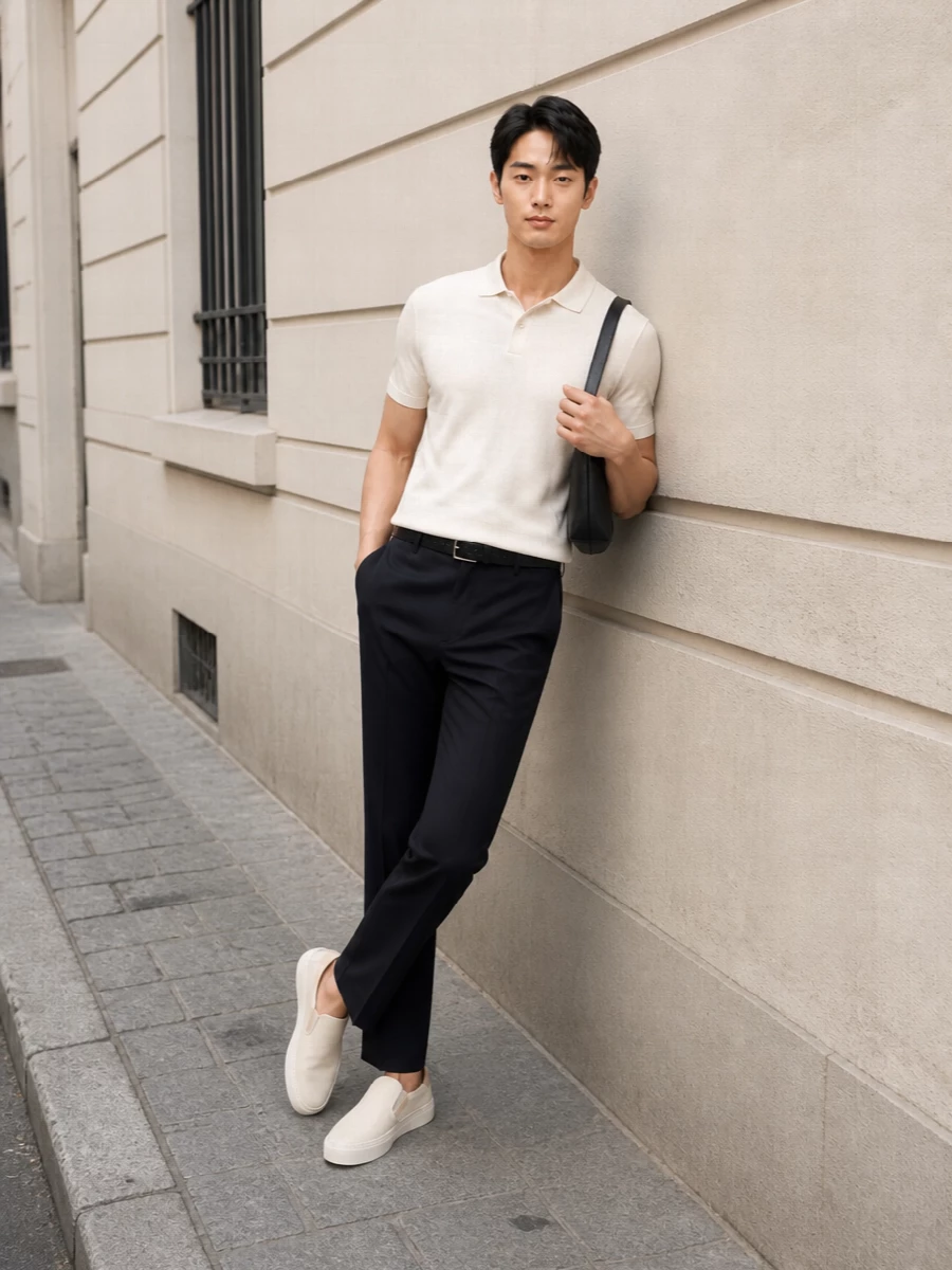 Moncler knit polo navy trousers quiet luxury outfit
