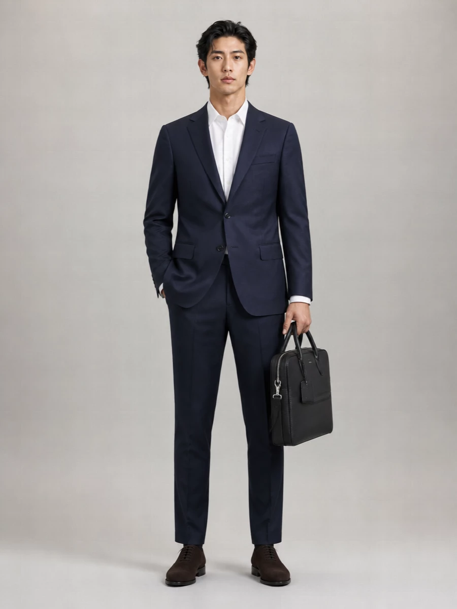 A navy-on-navy tailored pairing keeps the line calm and precise, while the subtle texture of the blazer and the tapered trouser introduce just enough modernity. Dark brown wholecut oxfords and a disciplined Tom Ford briefcase ground the ensemble in boardroom-level refinement that can move straight into a formal dinner without a change.