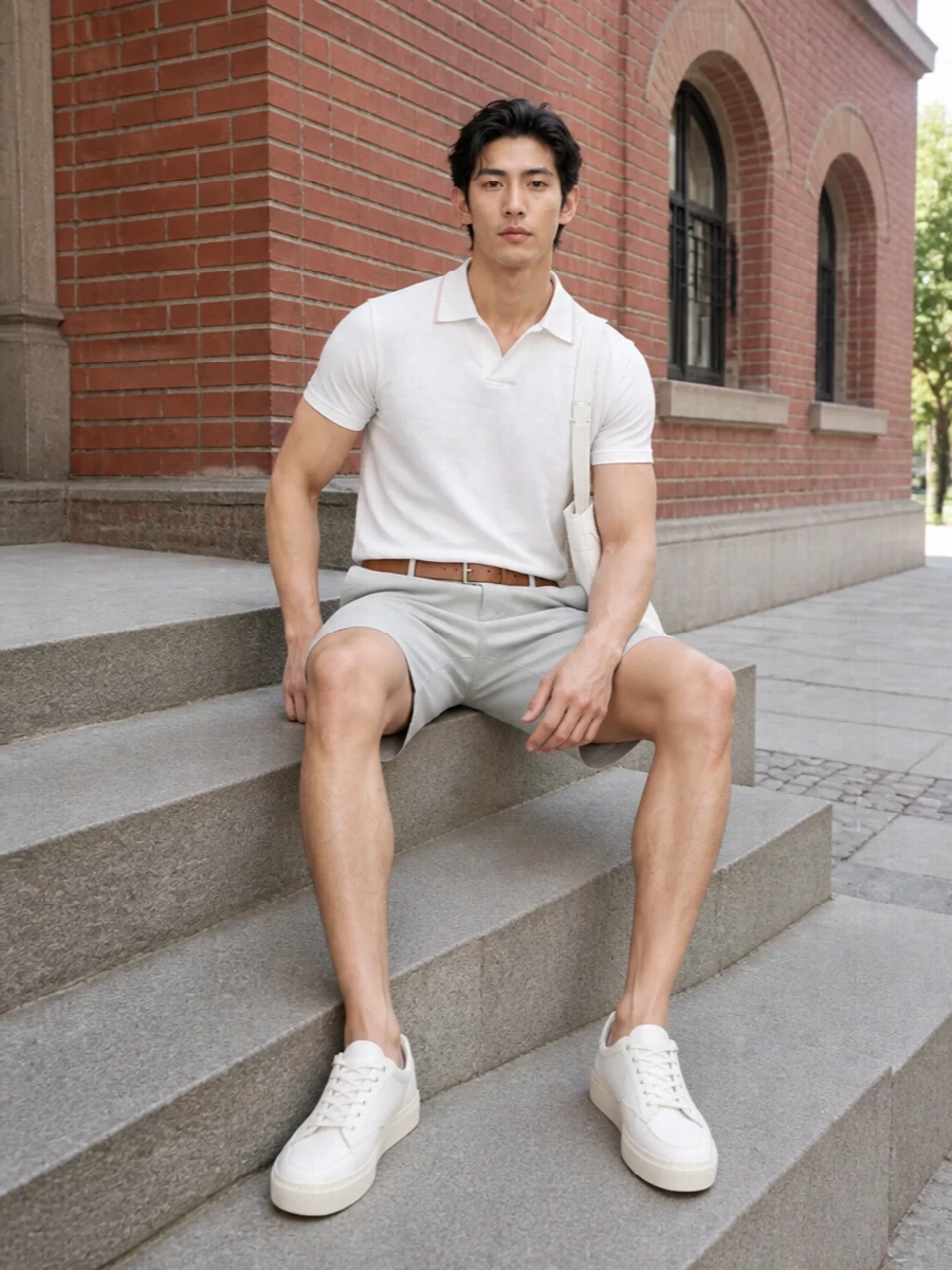 Prada polo tailored shorts white sneakers outfit