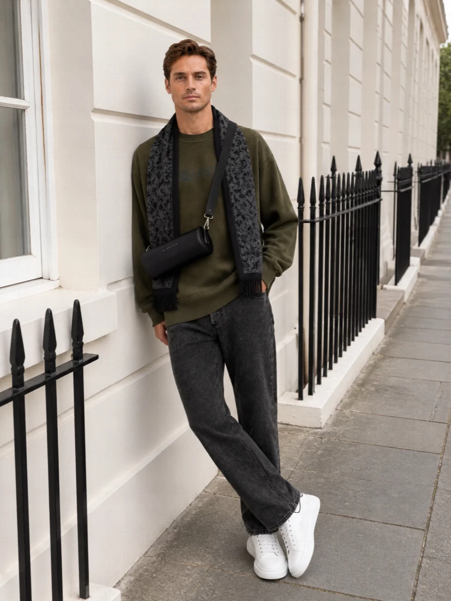 Alexander mcqueen olive sweatshirt charcoal jeans