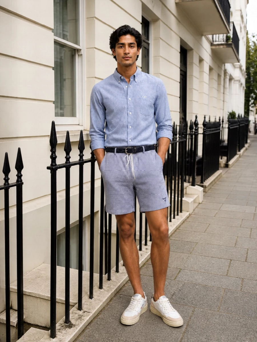 Barbour gingham shorts chambray shirt autry sneakers