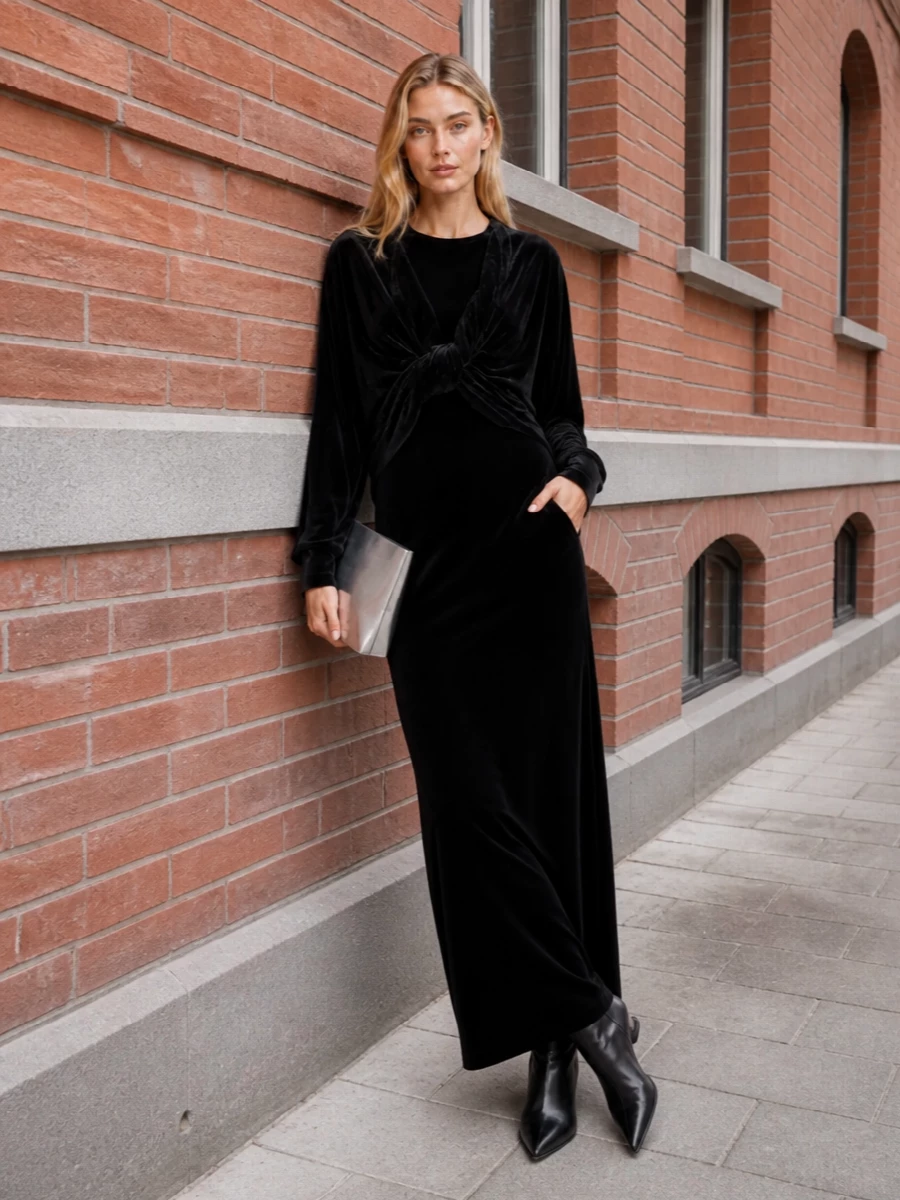 Rick owens black velvet gown sculptural ankle boots