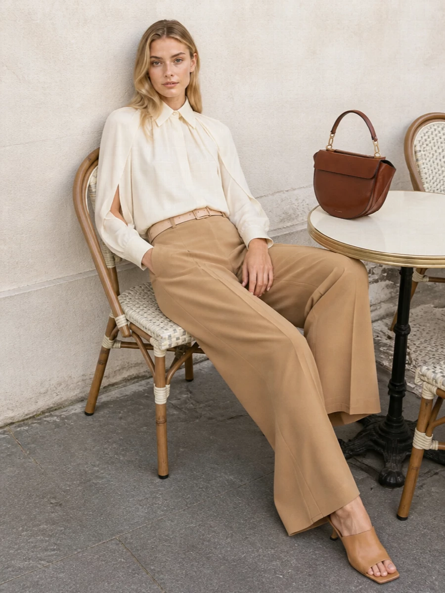 Camel wide leg trousers ivory blouse outfit