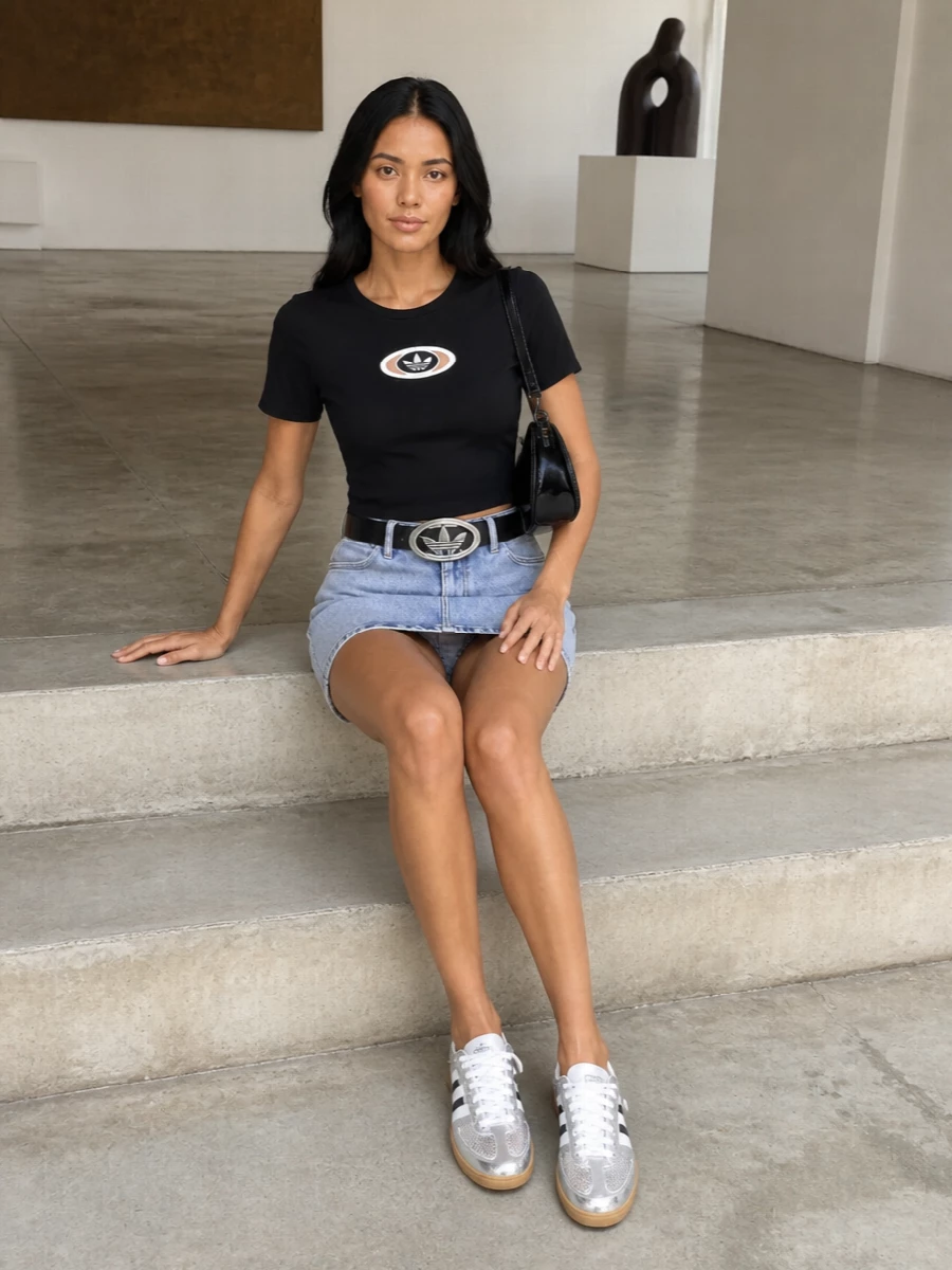 Adidas denim mini cropped tee silver sneakers