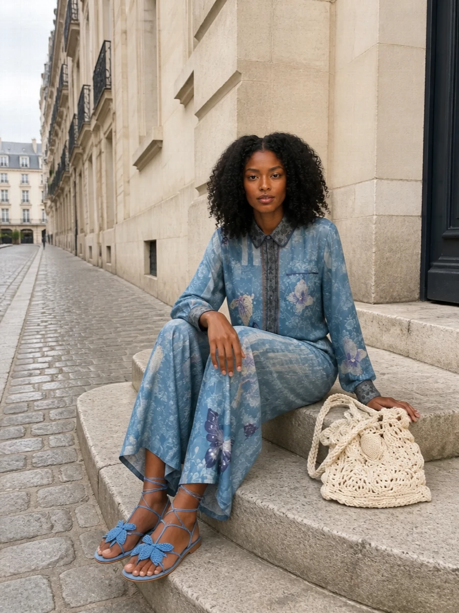 A head-to-toe Pierre Louis Mascia story in layered sky blues turns the wide-leg trouser into a dreamscape set, soft yet quietly composed. Powder-blue lace-up flats and an ivory crochet tote keep the mood light and romantic, perfect for seaside lunches or gallery afternoons. The gauzy scarf is a final whisper of poetry, whether knotted at the neck or tied through the bag handle.