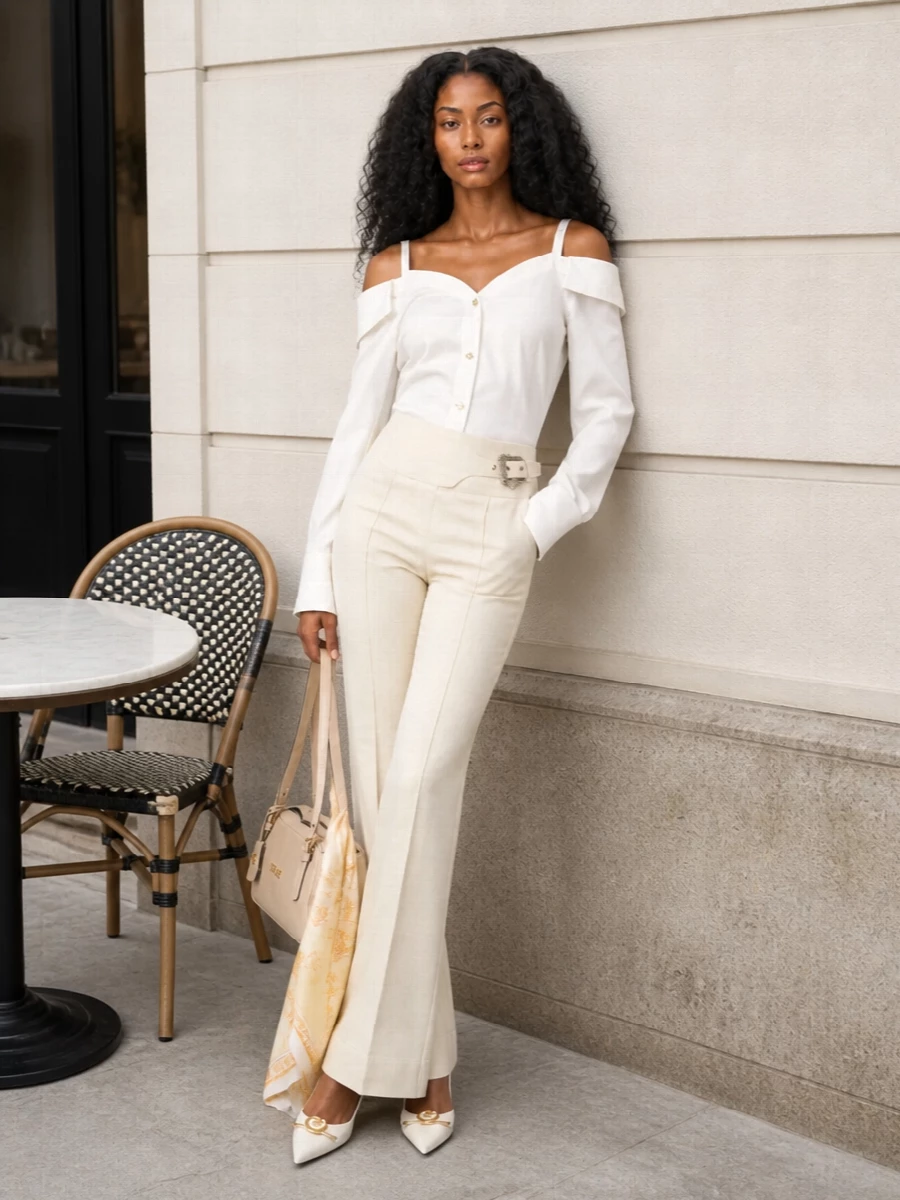 Versace off shoulder shirt cream flared trousers