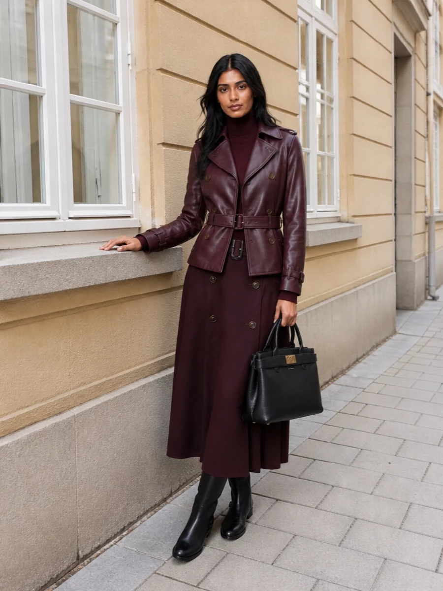 Burberry burgundy leather jacket trench maxi skirt