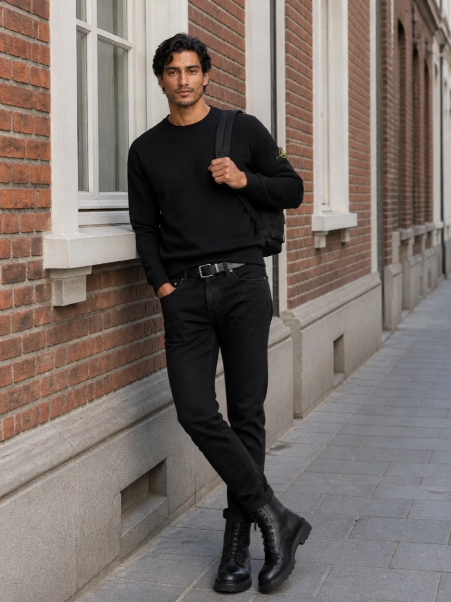 Stone island black jeans combat boots outfit