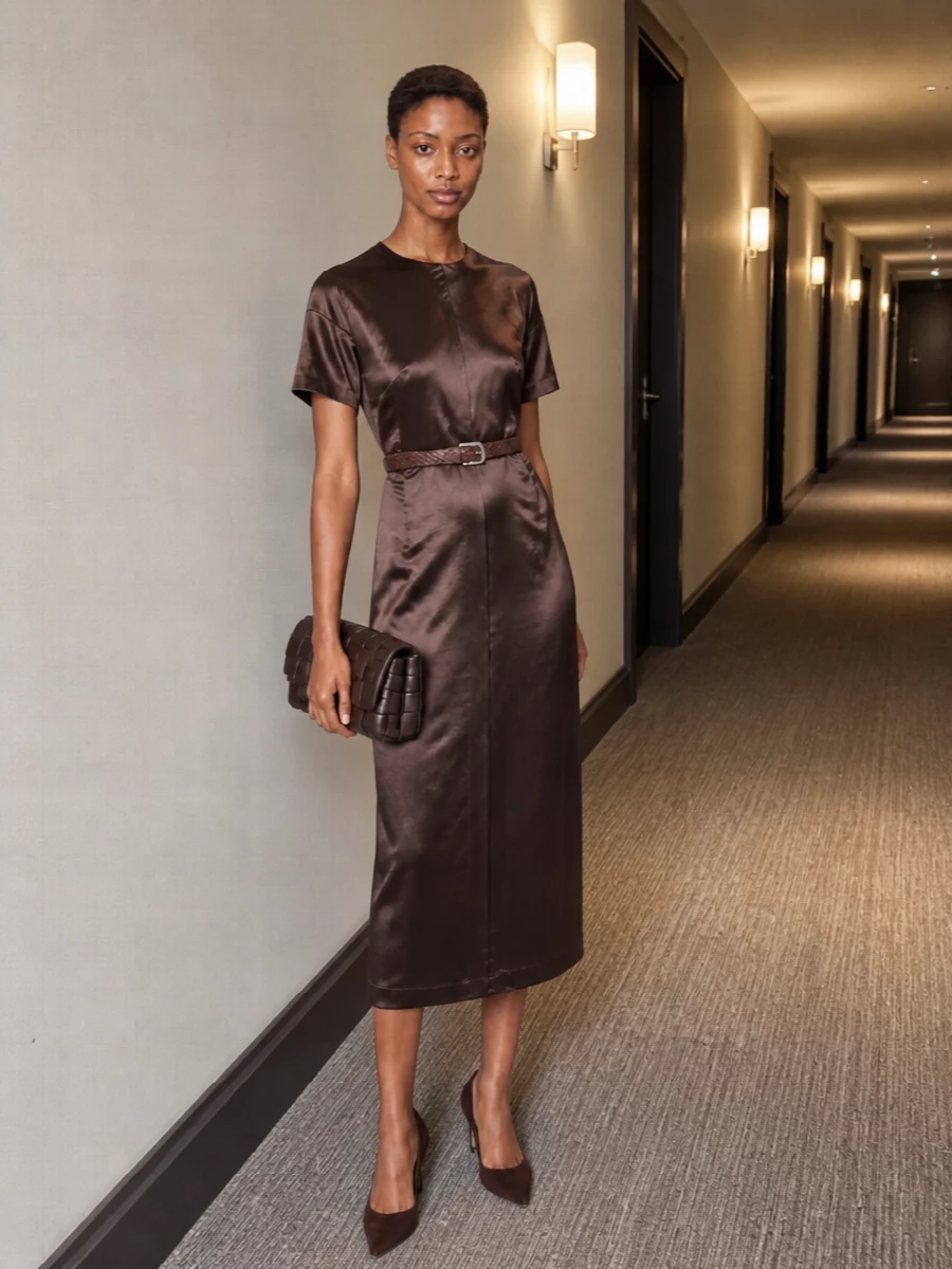 Loulou studio brown satin dress chocolate accessories