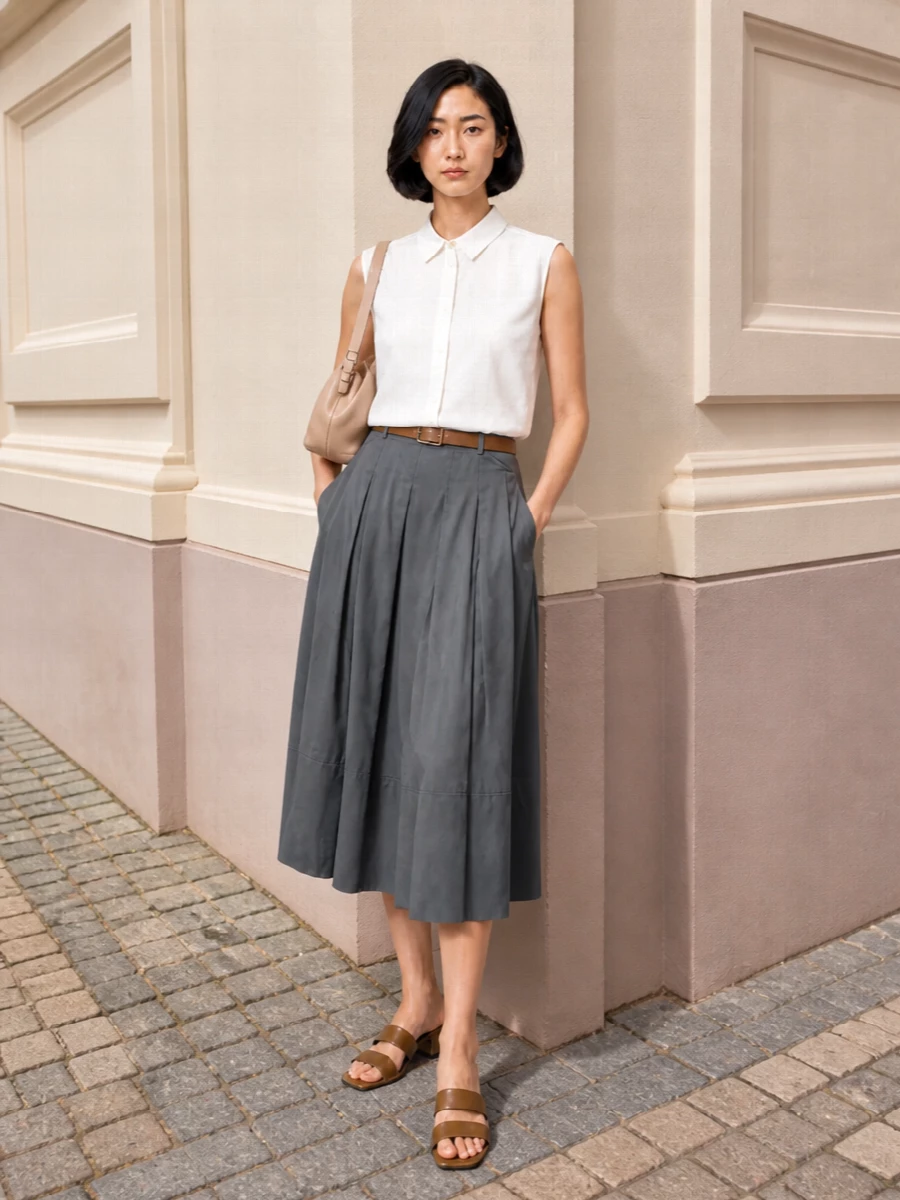 Woolrich grey midi skirt white shirt mules