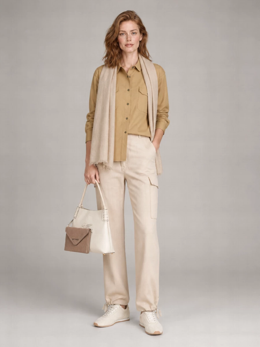 A calm, tonal story in sand and cream, this pairing turns the cargo silhouette into something quietly refined for daytime. The relaxed Prada shirt echoes the trouser’s utility detailing while the slim Totême runner and structured ivory Etro tote keep everything precise but easy. A whisper-light Cucinelli scarf finishes it with soft texture instead of loud print, ideal for travel days, gallery afternoons or low-key meetings in the city.