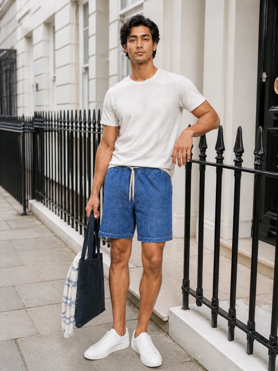 A crisp white tee sits against relaxed denim shorts for a clean mix of sport and quiet prep. White court sneakers keep the line streamlined, while the dark canvas tote and striped scarf sharpen the palette just enough for city days. It is an easy warm-weather uniform that still feels considered from coffee runs to casual evenings out.