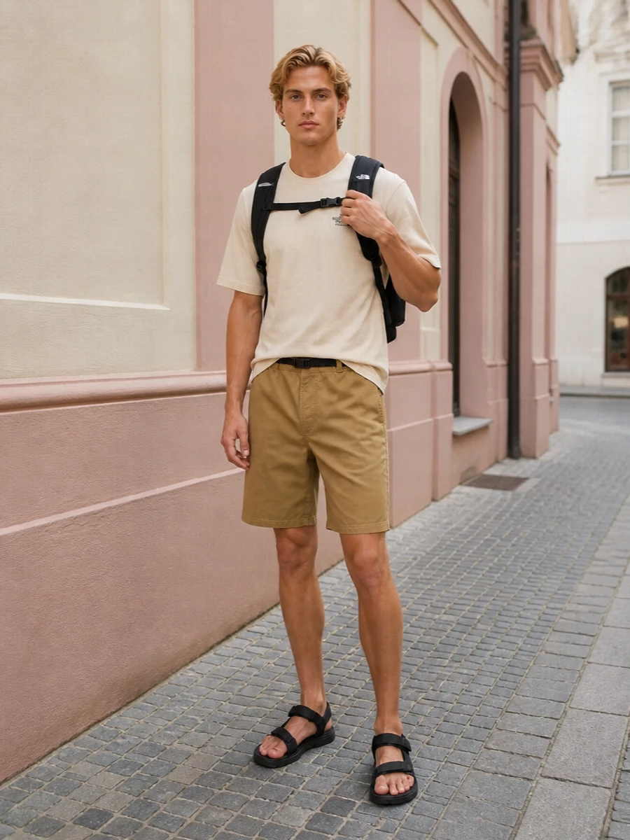 North face camel shorts black sport sandals outfit