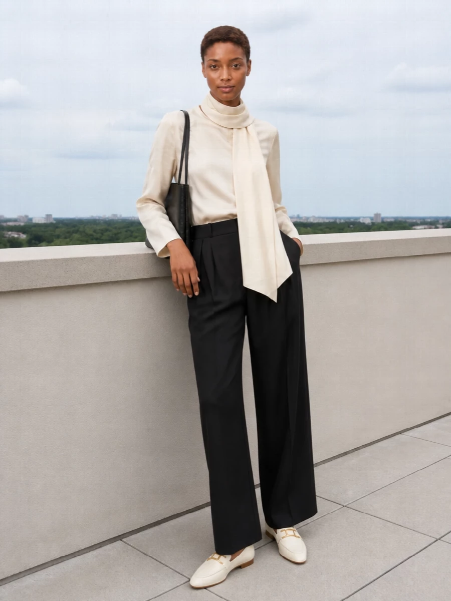 Loulou studio cream blouse black wide leg trousers