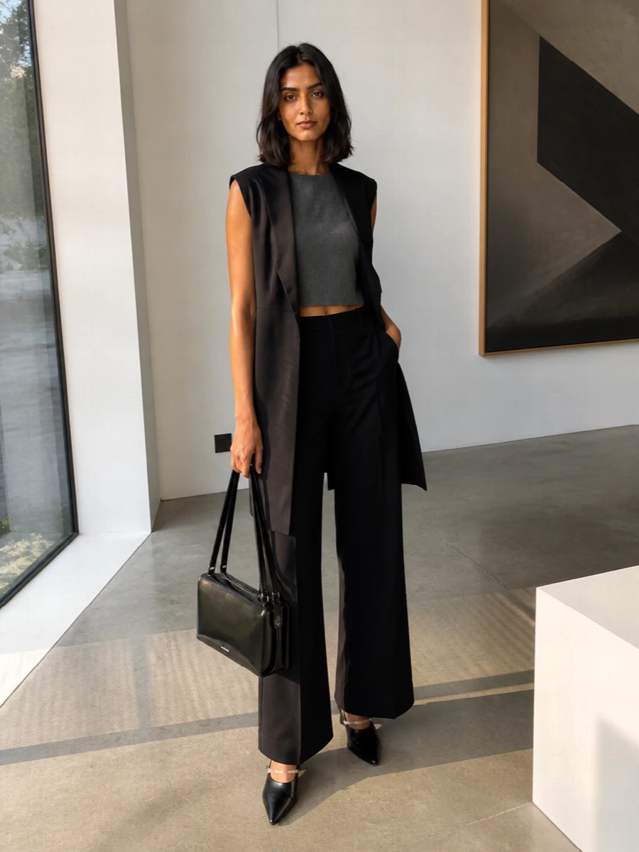 I am building this around the vest as soft tailoring, so top and trouser are the right anchor rather than a dress that would fight its line. The cropped charcoal shell and high-rise black wide leg create a long, controlled column under the sleeveless jacket, letting the shoulders stay sharp and the volume break cleanly at the floor. Sculptural black heels and a glossed black shoulder bag keep it in the world of quiet, evening-ready power dressing without diluting the minimalist intent.