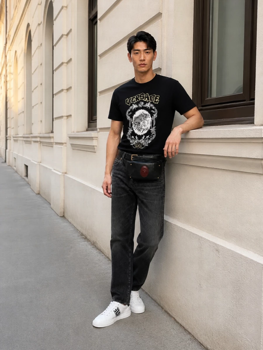 Versace graphic tee black jeans sneakers outfit