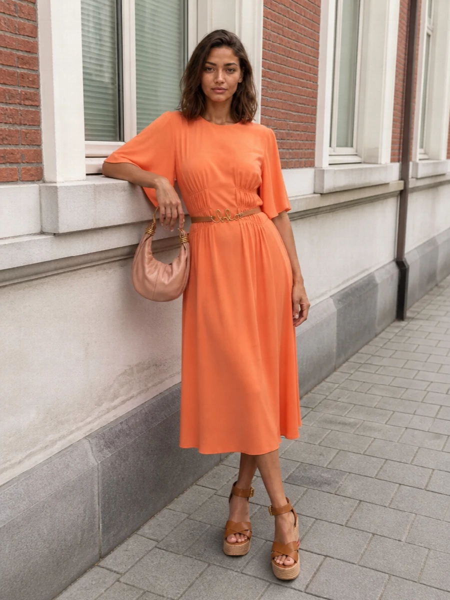 Chloe apricot midi dress wedges belt