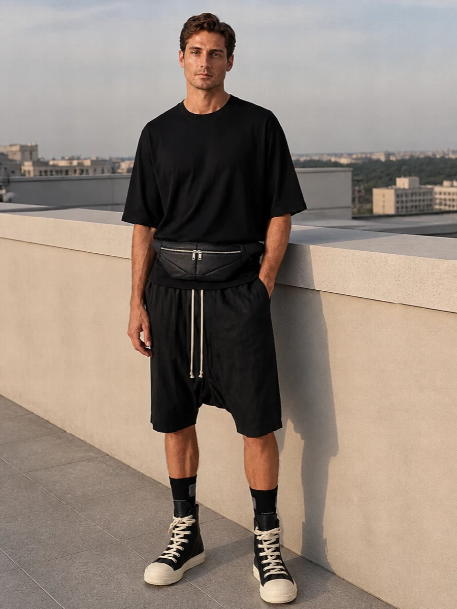 An oversized black Rick tee drops into equally relaxed black drop-crotch shorts for a pure monochrome column. Chunky hi-top sneakers and a padded belt bag add weight and function without breaking the minimal line. The result is an easy city uniform that feels distinctly Rick, all shadowy volume and clean hardware accents.