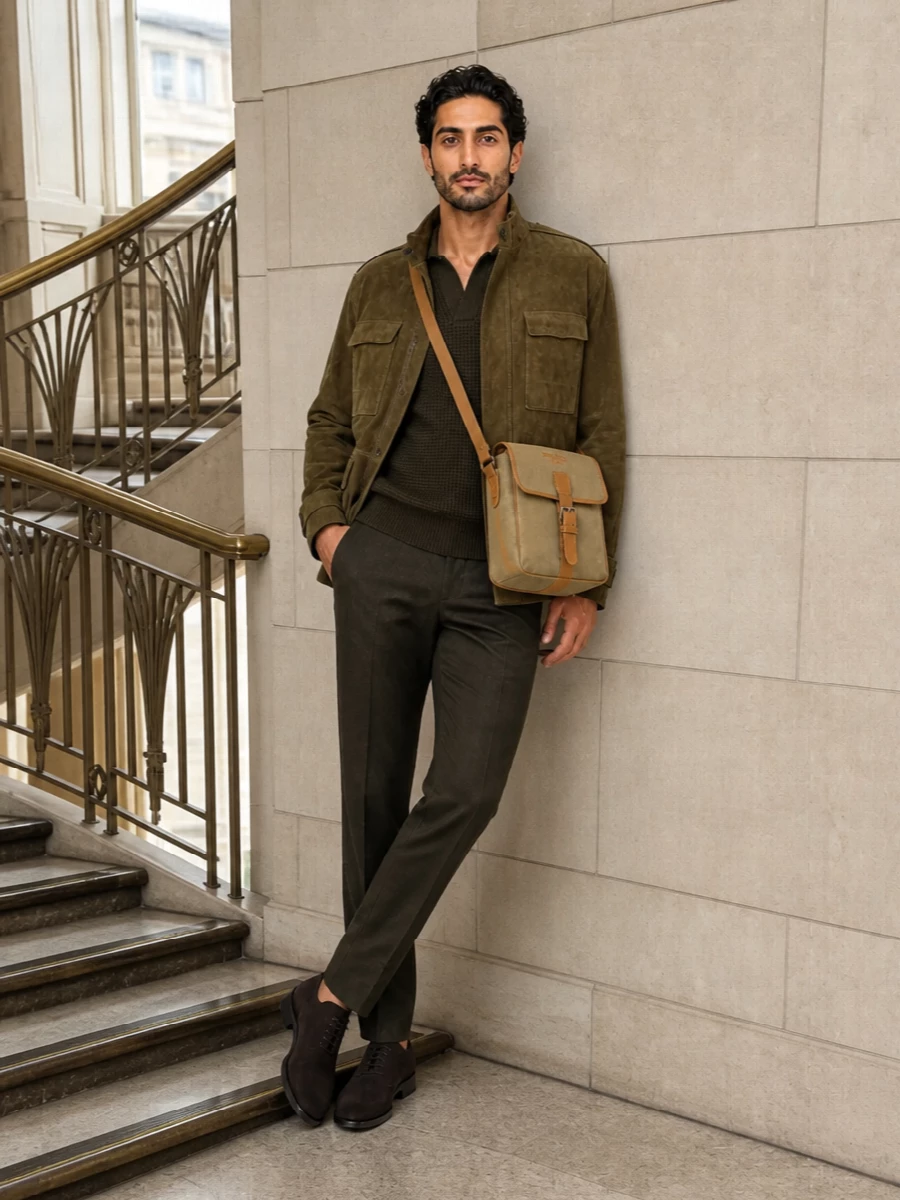 Ferragamo suede field coat olive trousers outfit