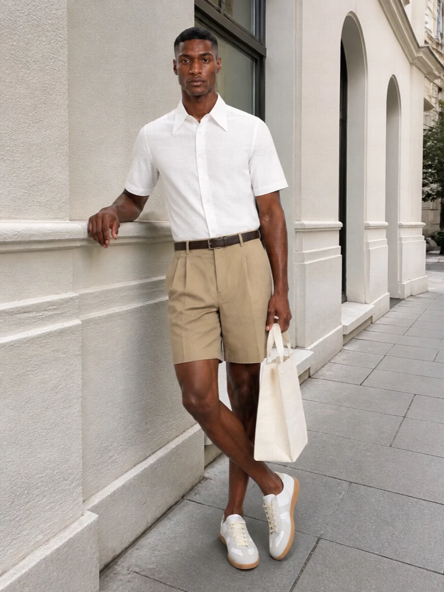 Maison margiela camel shorts white shirt outfit