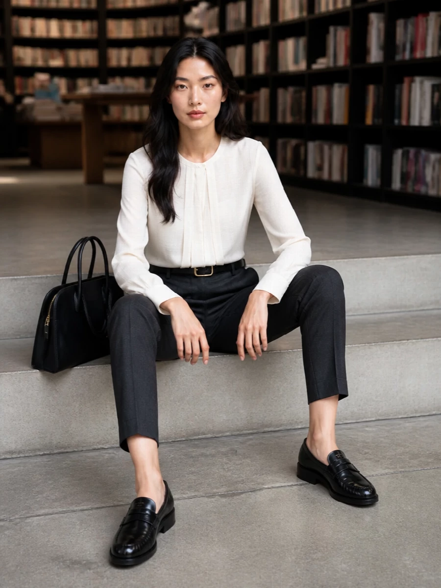 Armani charcoal trousers ivory blouse outfit