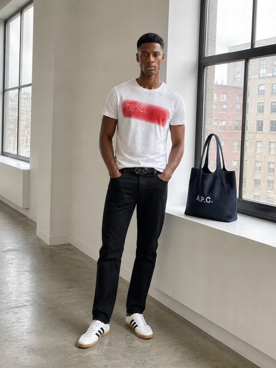 Diesel graphic tee black jeans adidas sneakers
