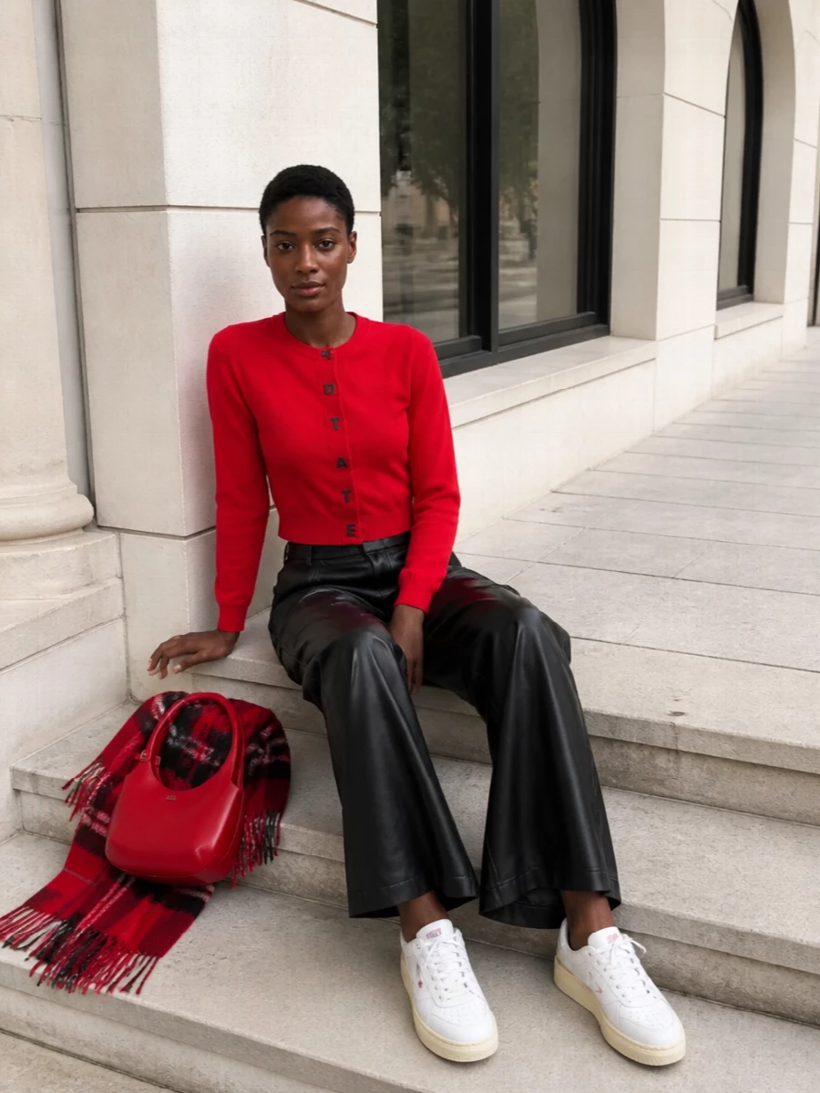 Rotate red cardigan black leather pants outfit