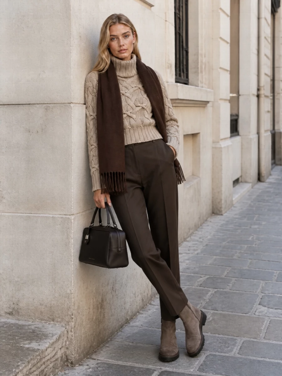 A cropped, sculptural beige turtleneck sits atop rich chocolate tailored trousers, creating a warm, tonal play between soft texture and clean structure. Taupe suede ankle boots keep the line relaxed yet polished, while a structured espresso top-handle bag and deep brown scarf tie the palette together into an understated, quietly luxurious FW city look. The result is cozy but composed, ideal for refined daytime dressing that still feels indulgent and modern.