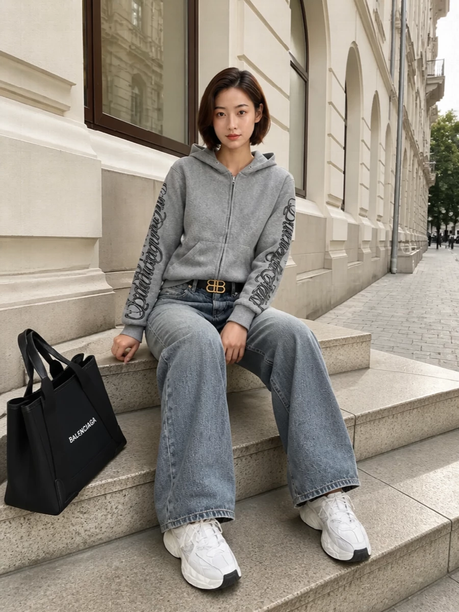 Balenciaga grey hoodie wide leg jeans sneakers