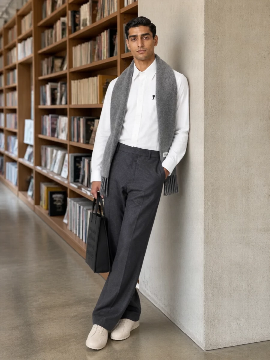 A white Ami shirt and relaxed charcoal wool trouser create a clean, quietly polished base that works from studio desk to late coffee. Cream leather sneakers lighten the mood without losing sharpness. A structured black tote and soft grey scarf finish the outfit with practical city ease and a subtle play of textures.