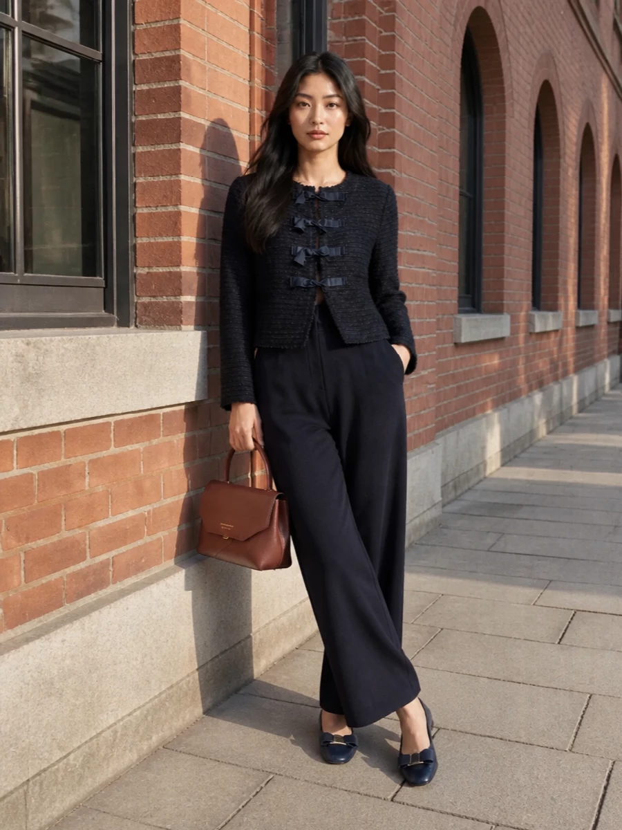 A midnight-navy column on top and bottom keeps the silhouette long and calm, letting the cardigan’s satin bows add a soft romantic note rather than fuss. Ink-toned flats keep everything grounded and easy for day, while the structured mahogany bag adds just enough warmth and definition for city dinners or a refined weekend. The result is polished, quiet and feminine without ever feeling precious.