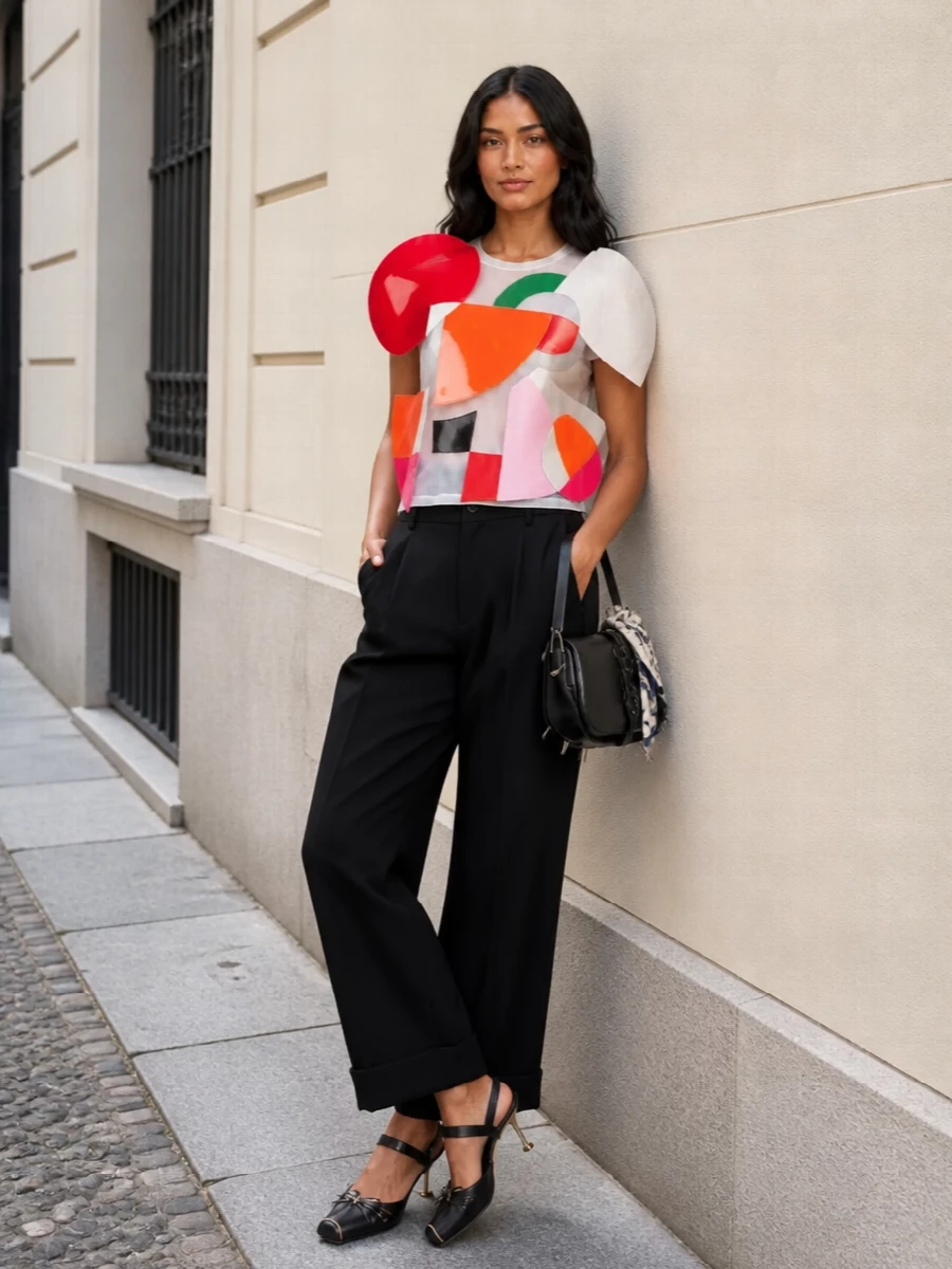 Junya watanabe art tee black wide leg trousers