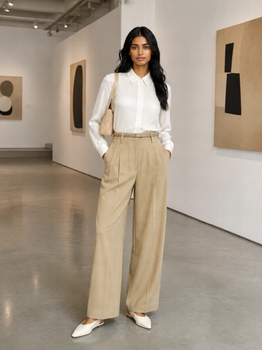 Jil sander sand wide leg trousers ivory shirt