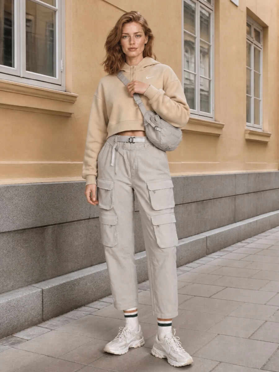 Nike cargo pants cropped hoodie neutral sneakers