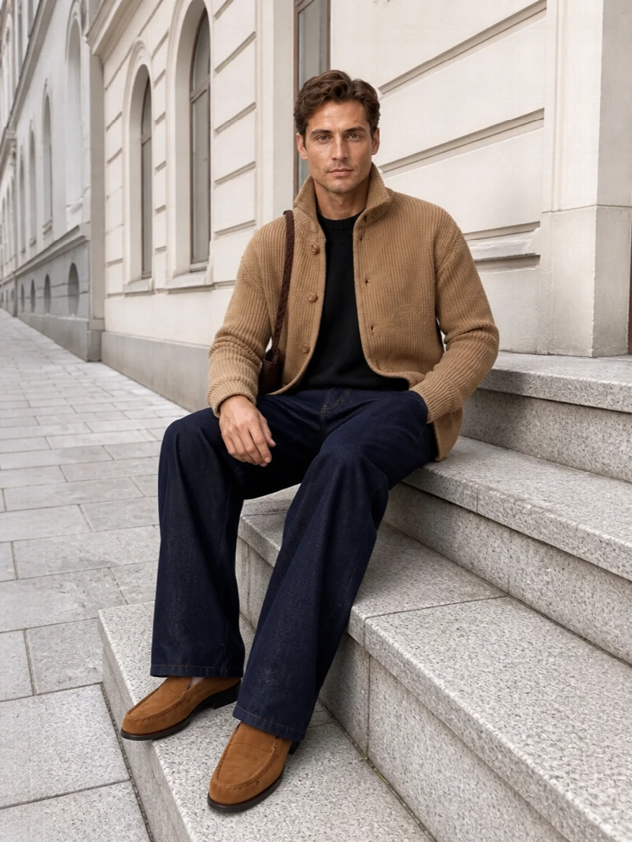 Dries van noten camel cardigan wide leg denim