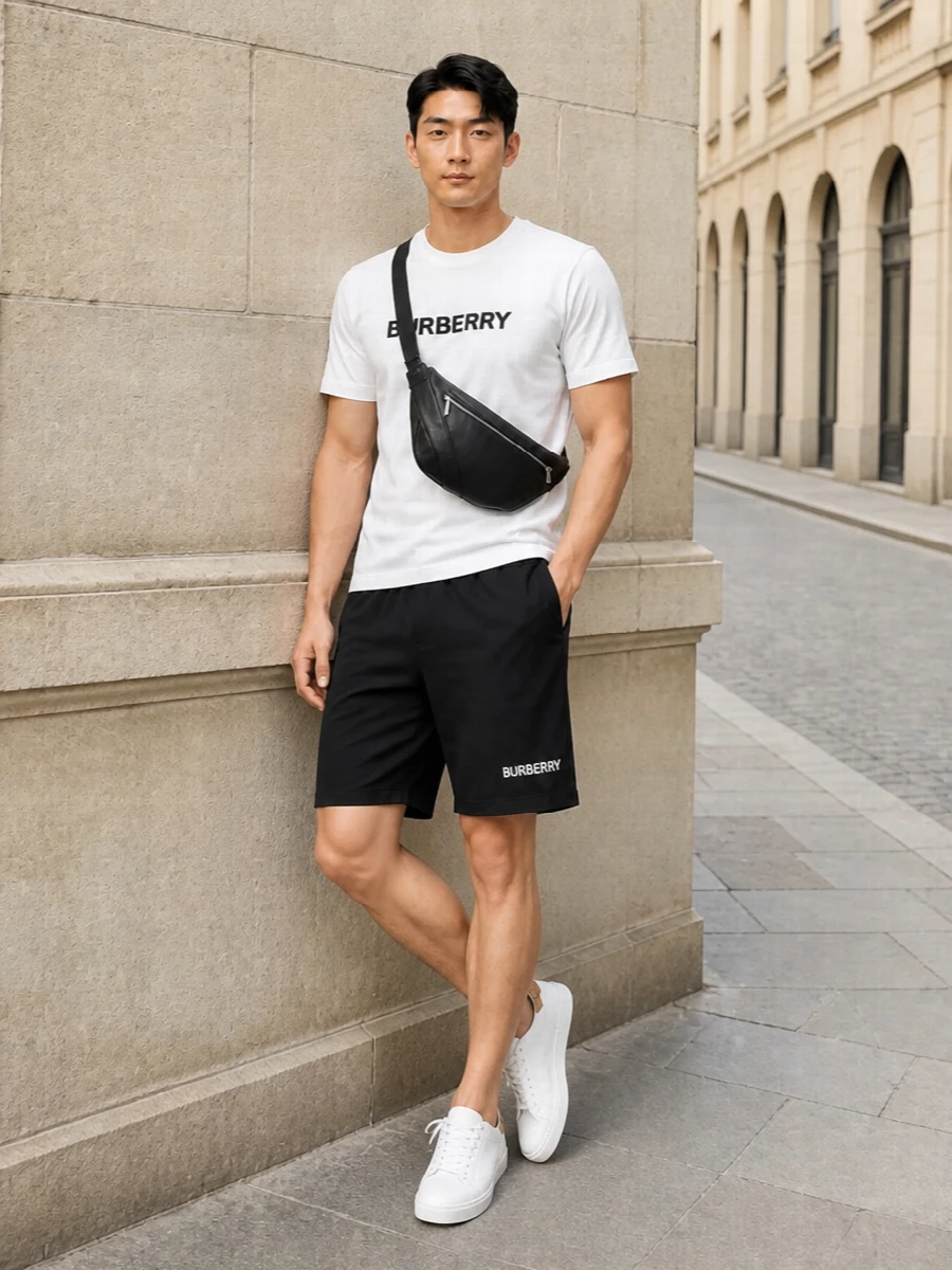 Burberry logo t shirt black chino shorts outfit