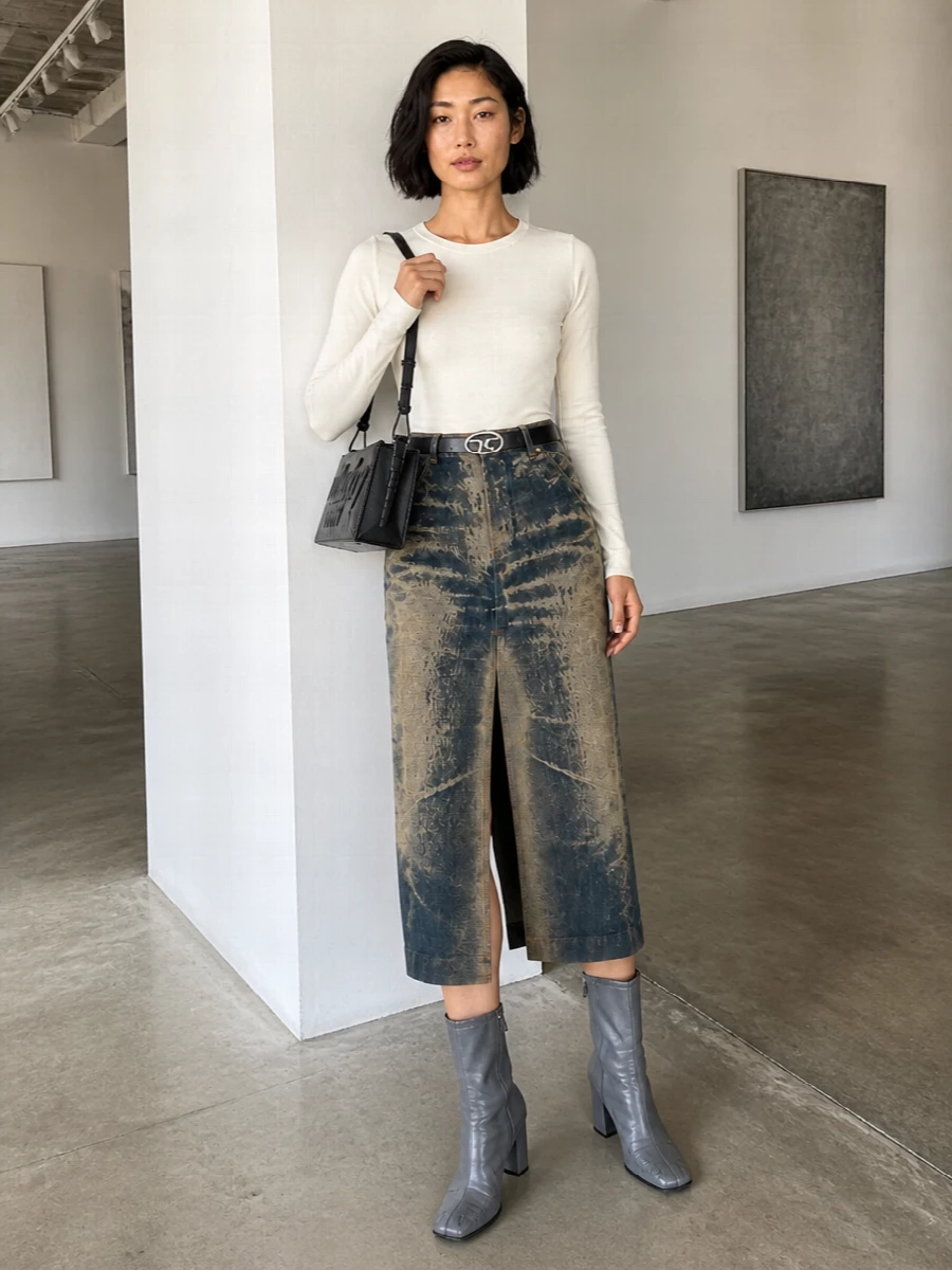 Darkpark denim midi skirt mm6 boots outfit