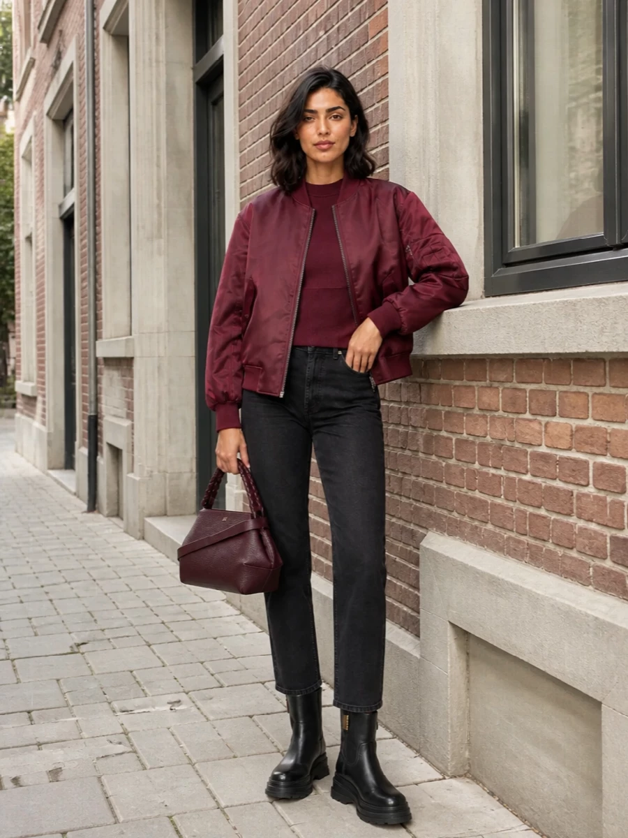 I am building around the bomber with knit and denim rather than a dress, so the proportions stay casual, grounded and true to its street-led mood. The ribbed burgundy knit echoes the jacket’s depth while the straight black denim and chunky boots add just enough weight, and the sculpted burgundy bag finishes everything with a clean, graphic hit of color. It is an easy city uniform that feels considered without slipping into overt logo-play or evening territory.