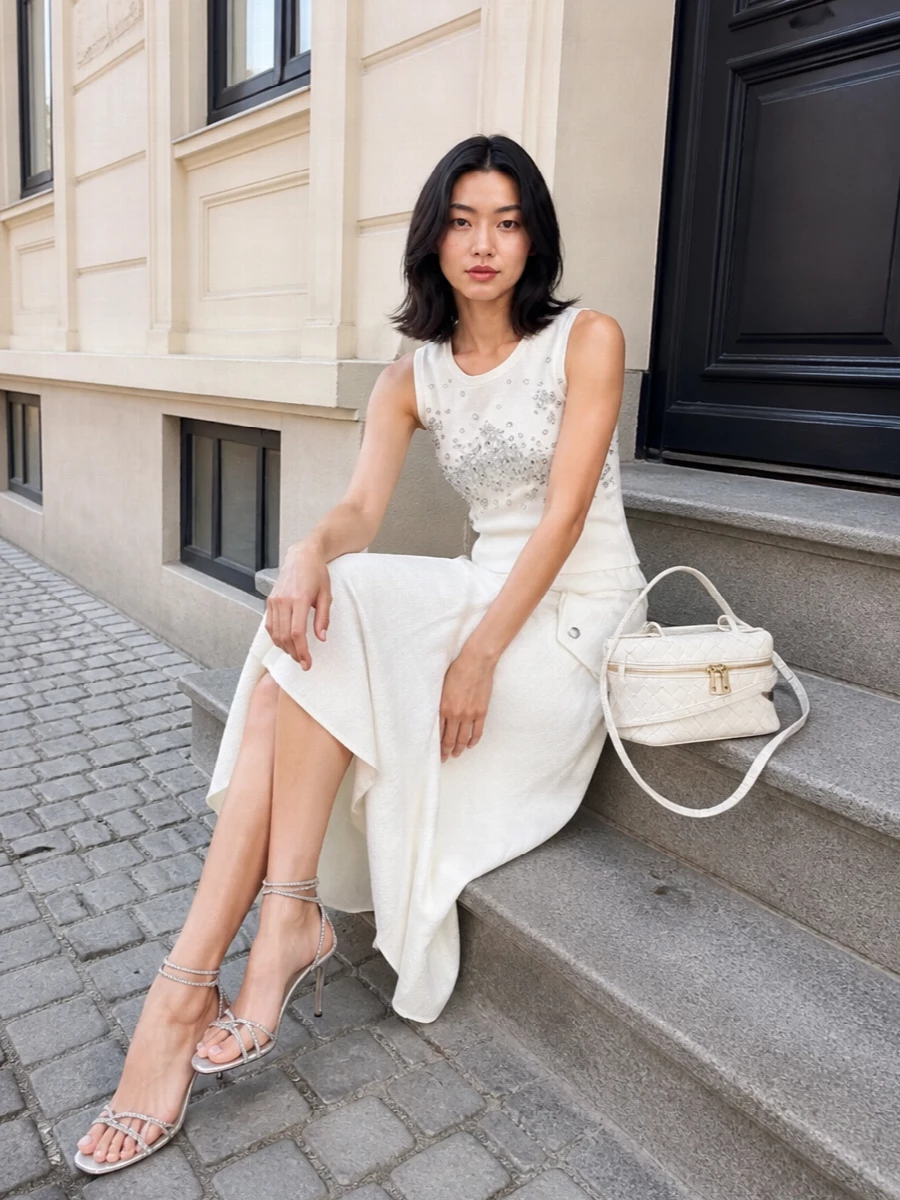 Bottega veneta crystal tank ivory midi skirt