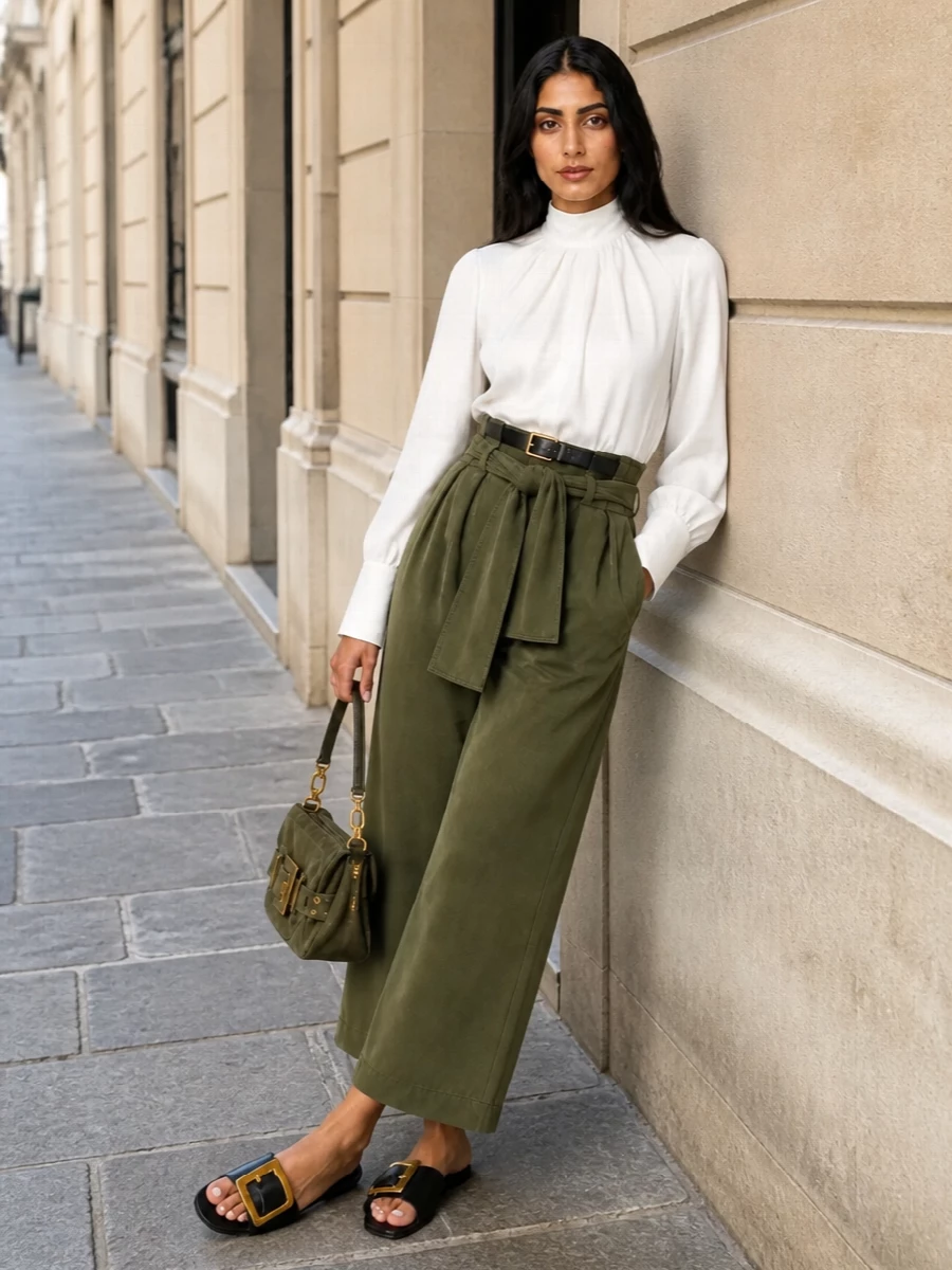Balmain paperbag trousers silk blouse outfit