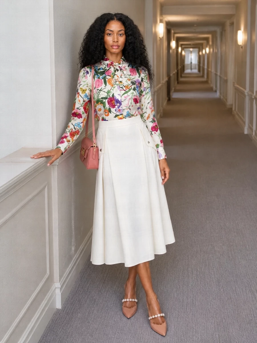 This pairing turns the Gucci floral blouse into a graceful centerpiece, grounded by the sculpted ivory midi for a clean, gallery-ready line. Nude-rose pearls at the heel and a dusty-rose baguette quietly echo the print’s pinks, keeping the palette soft while the overall silhouette stays sharp enough for art openings and dressy spring dinners. Romantic without feeling sugary, it reads considered and luxurious from every angle.
