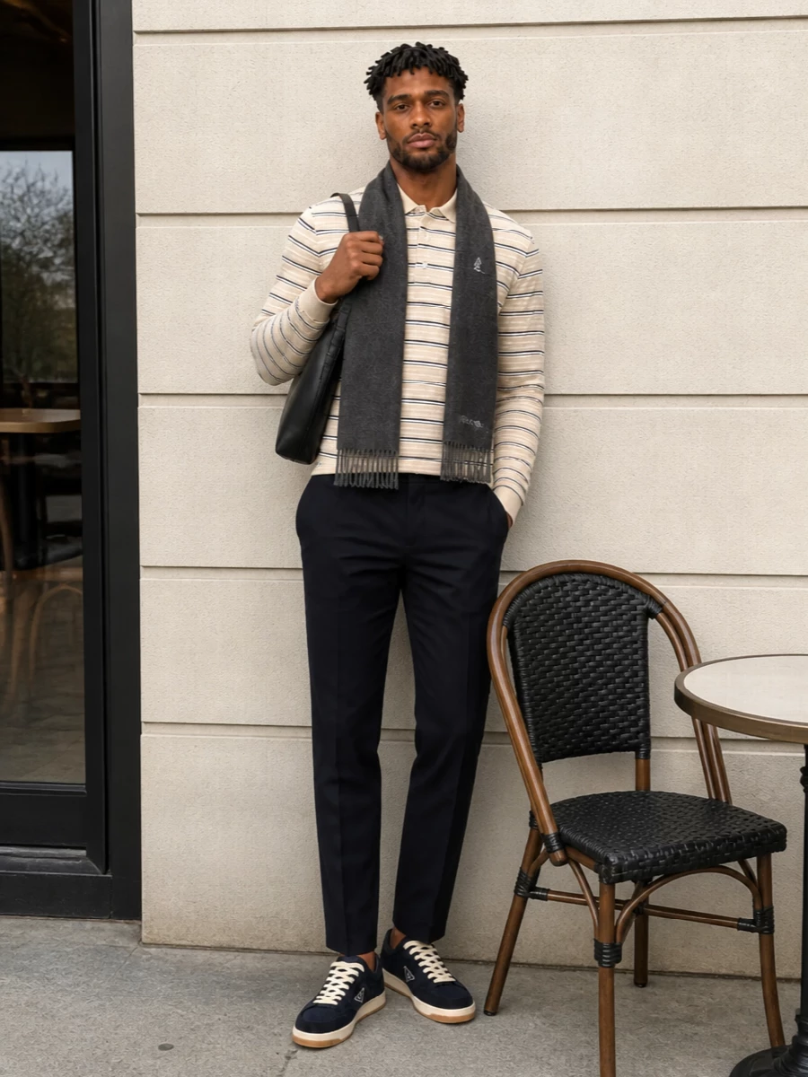 Prada striped polo navy trousers sneakers
