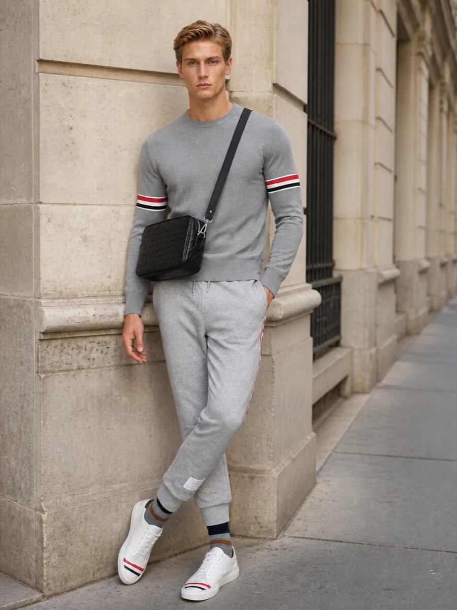 This look leans into Thom Browne’s refined varsity language: heather-grey track pants grounded by a light grey striped crew that introduces subtle red-and-white arm detailing. Clean white tricolour-trim sneakers and a black intrecciato crossbody keep the silhouette sharp and city-ready, while the playful striped socks add a discreet preppy wink within a strictly neutral palette. The result is an elevated off-duty uniform that feels as considered as it is comfortable for FW days in the city or travel.
