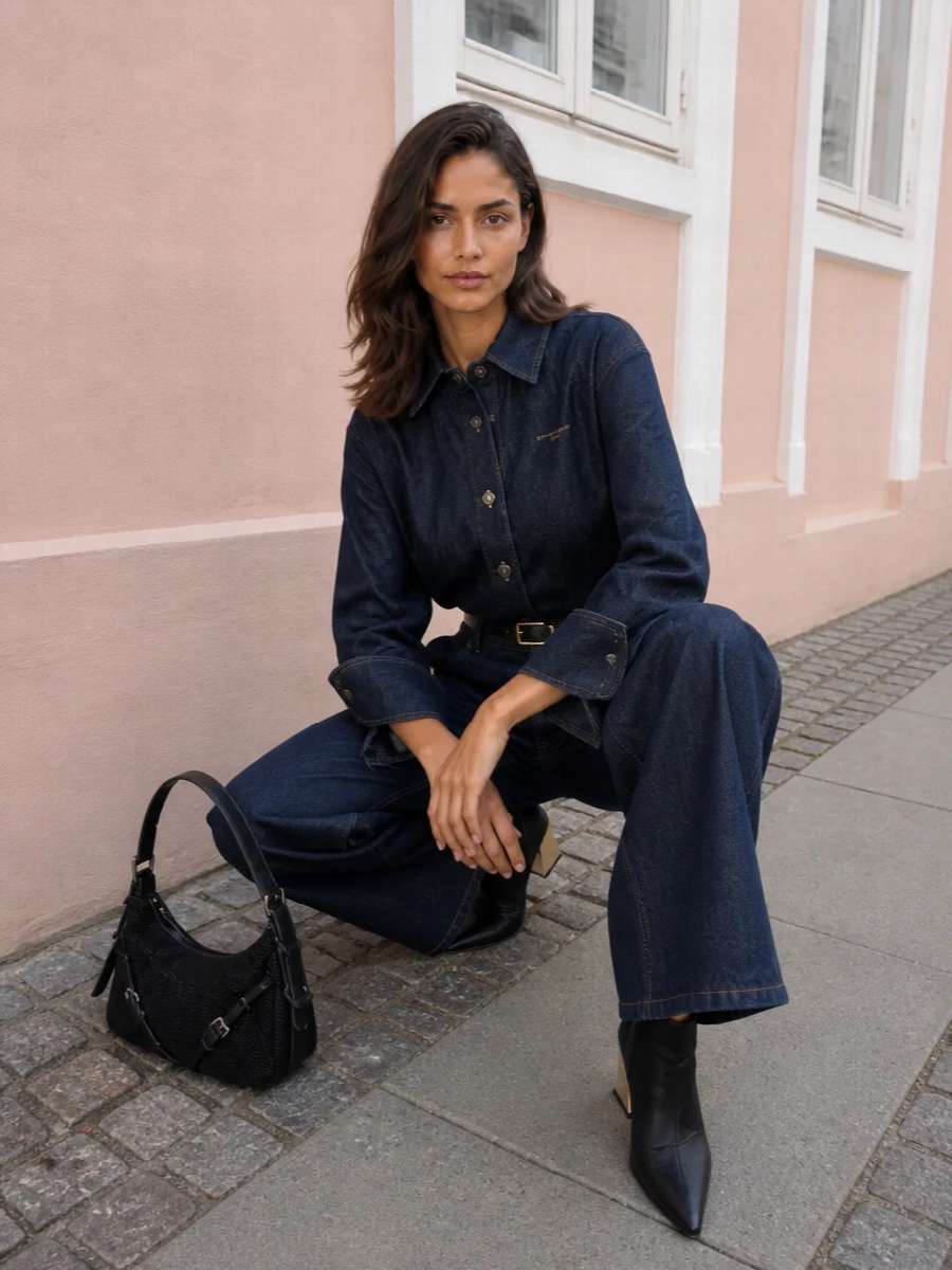 Dark indigo denim on top and bottom creates a clean Givenchy column, with the wide leg bringing volume that feels intentional rather than casual. Black sock boots and a structured baguette sharpen the silhouette, while a slim gold‑buckle belt and the shirt’s hardware quietly link the metal accents. The result is a city-ready uniform that reads minimalist, tailored and street-right in equal measure.