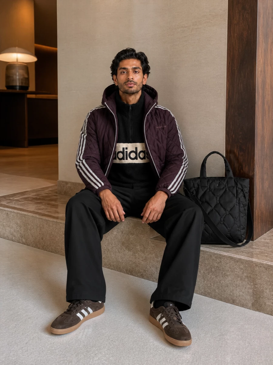Adidas Originals’ quilted aubergine jacket sits over a bold logo fleece and sculpted black cargos for a terrace-informed winter uniform. Earthy terrace sneakers and a quilted tote keep everything grounded, functional and quietly graphic. The result is warm, city-ready streetwear with volume in the leg and a strong branded spine through the torso.