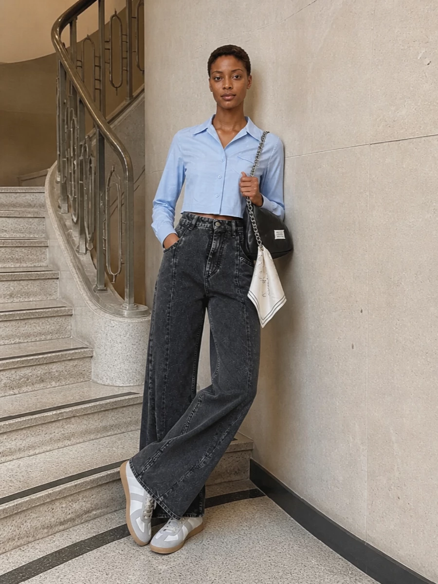 Maison margiela wide leg jeans cropped shirt outfit